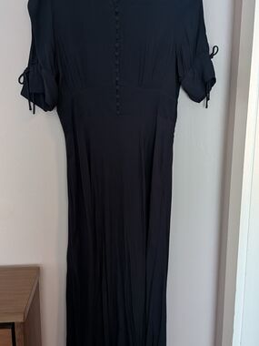 J. Crew Navy Dress with Covered Buttons and Tie Sleeves